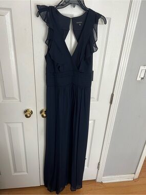 MARINA Navy Blue Ruffled V-Neck Maxi Dress